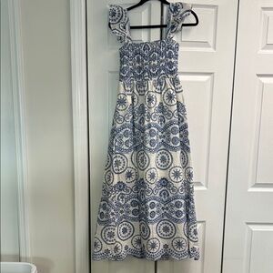 Sunday Up Blue and White Smocked Midi Sundress